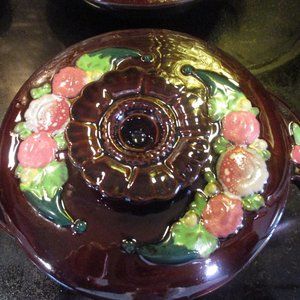 Vintage Set of 4 Brown/Rose Glazed Soup Bowls with Matching Lids